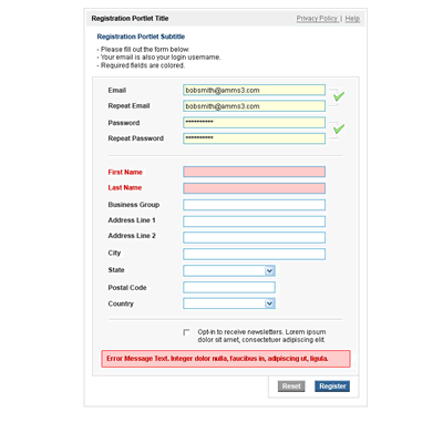 Web page with user registration form