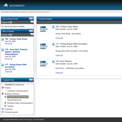 Web portal with Content tree selection and corresponding content displayed