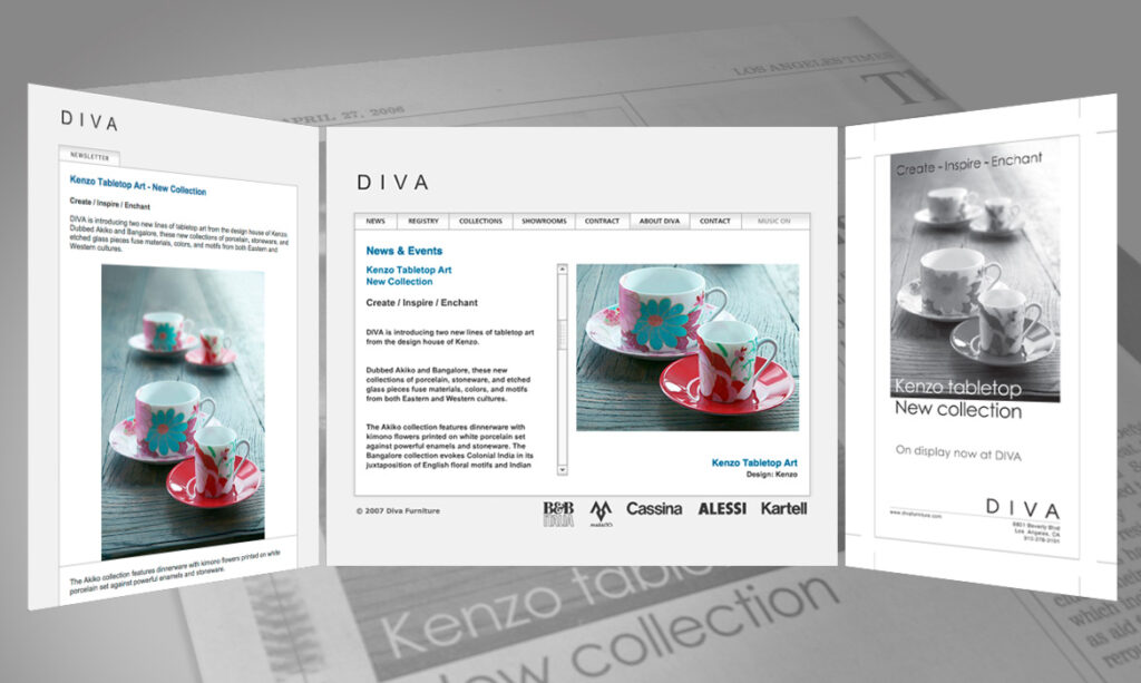 screens of the Diva newsletter, website and newspaper ad