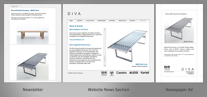 Three screens showing the design of the newsletter, the website and the paper ad for the B&B Italia tables