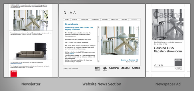Three screens showing the design of the newsletter, the website and the paper ad for the Cassina USA shworoom