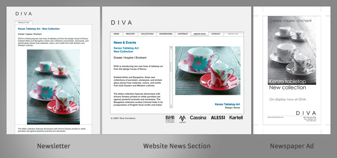 Three screens showing the design of the newsletter, the website and the paper ad for the Kenzo tabletop collection