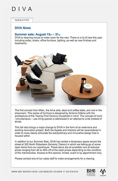 Diva newsletter for the Summer Sale