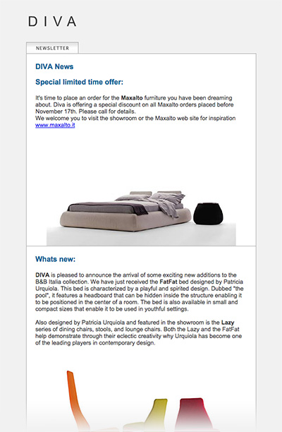 Diva newsletter for the Special limited offer sale (top part)