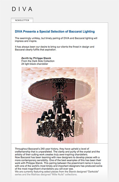 Diva newsletter for the Baccarat Lighting
