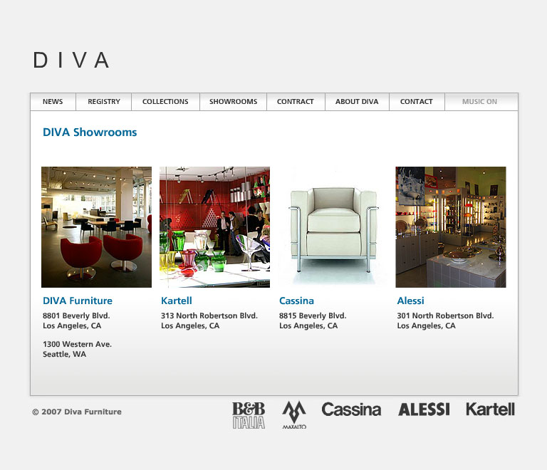 Diva website - Showrooms section