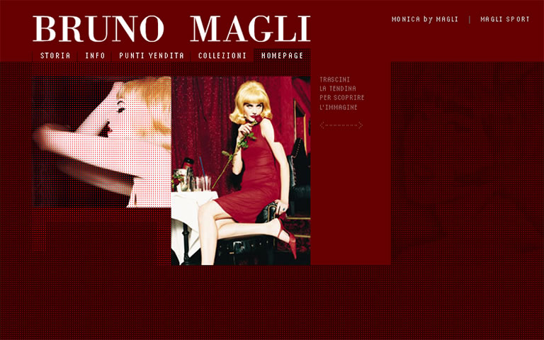 Bruno Magli's website - homepage - A stylish model in a striking red dress poses with a rose, set against a dramatic dark red background. Assorted text overlays visible.