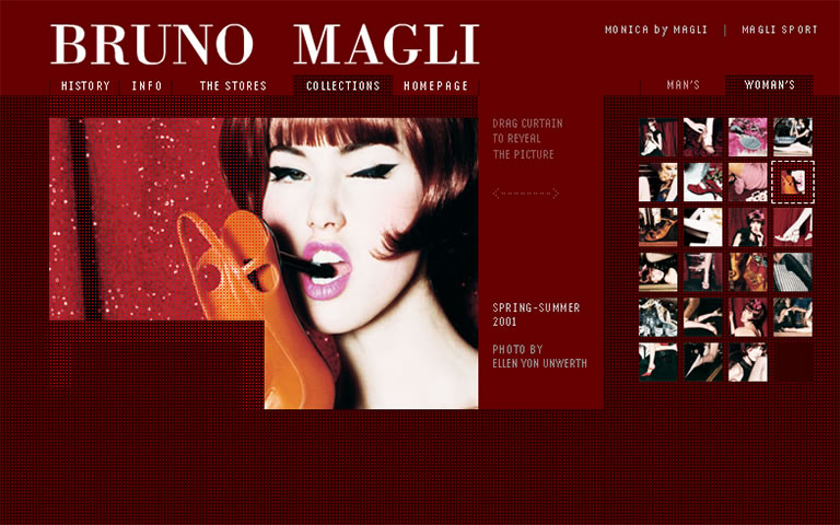 Bruno Magli's website - Collections - A stylish website layout showcasing Spring-Summer 2001 collections with vibrant color pallets and enticing thumbnails.