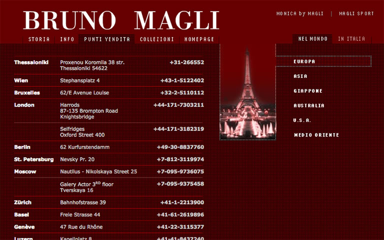Bruno Magli's website - Locations - A dark red webpage listing contact information for Bruno Magli locations in cities like London, Berlin, and Zurich, featuring the Eiffel Tower.