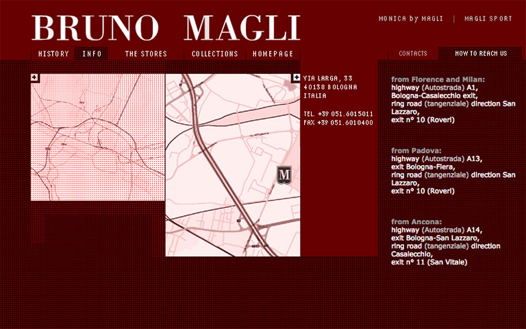 Bruno Magli's website - How to reach us - Map and directions for Bruno Magli store in Bologna, Italy, with contact information on a dark red background.
