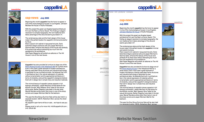 Two panels with newsletter and website news section design - Jul 2005