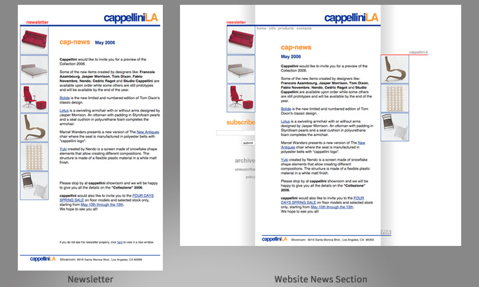Two panels with newsletter and website news section design - May 2006