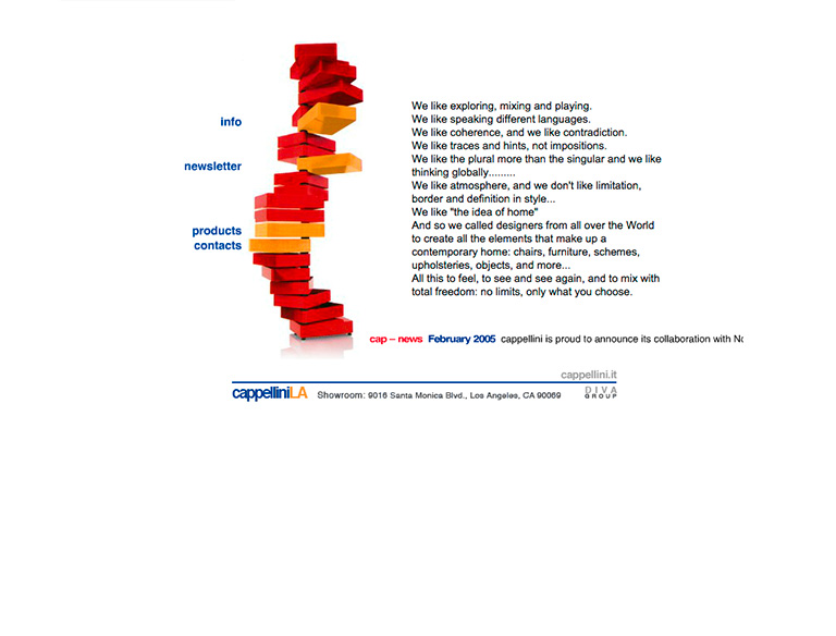 CappelliniLA's website - homepage with Revolving Cabinet by Shiro as menu