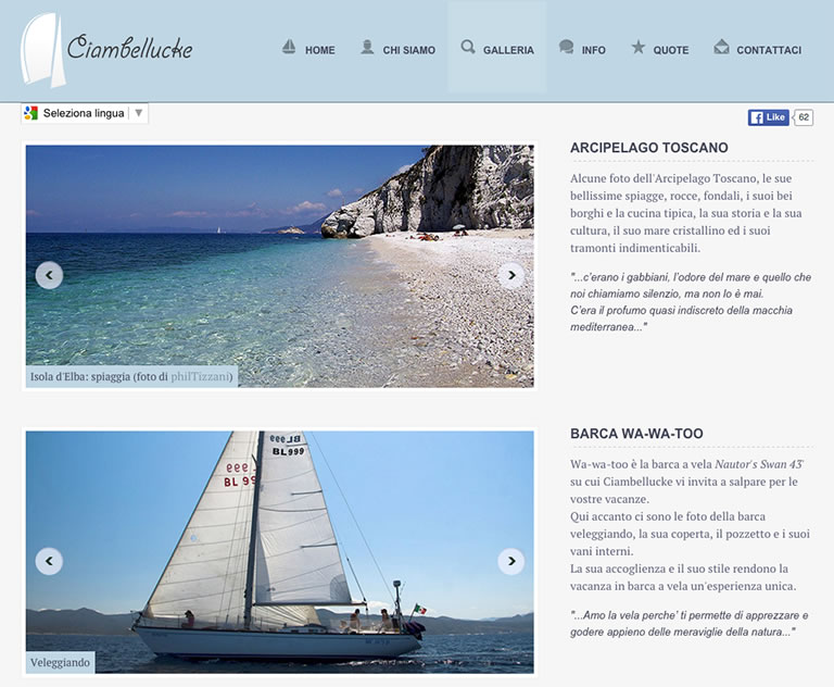 Ciambellucke website - gallery with pictures of a beach and of a sailing boat