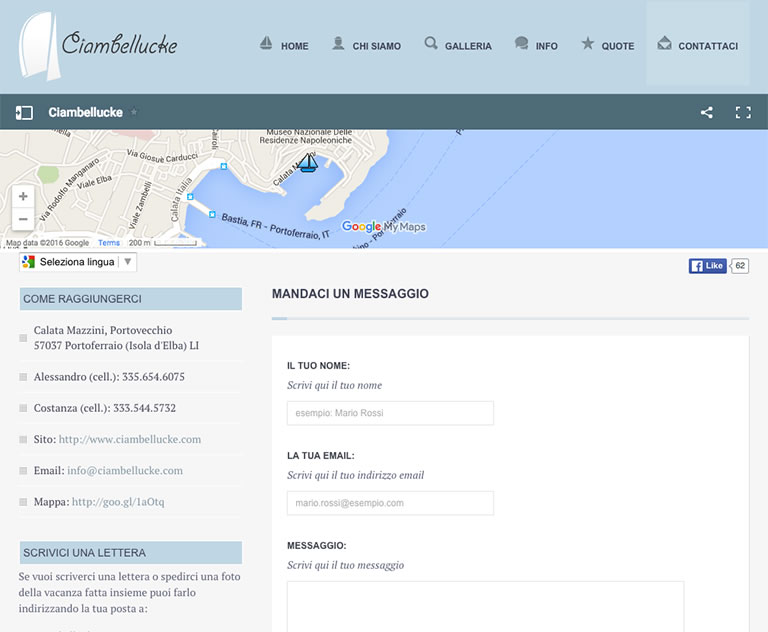 Ciambellucke website - map, contact info and form