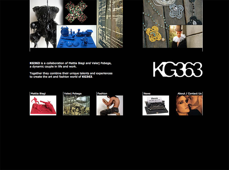 KG363 website - homepage - Collage of artistic fashion designs, including intricate jewelry, sculptures, and elements showcasing collaboration between Mattia Biagi and Valerj Pobega.