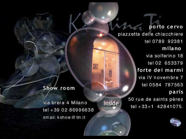 Kristina Ti's website - Locations - Promotional graphic for Katerina Tin, showcasing showrooms in Milan, Porto Cervo, Forte dei Marmi, and Paris, with contact details.