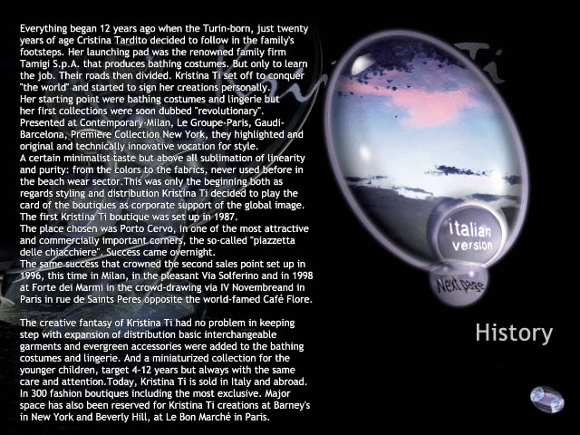 Kristina Ti's website - History page - A history of Kristina T. brand, showcasing the evolution of unique bathing costumes and lingerie designs since 1987 in Milan and Paris.