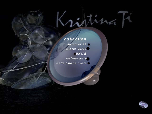 Kristina Ti's website - Collections page - A digital design featuring "Kristina Ti" logo with a circular menu displaying collection details for Summer '99 and Winter '99/00.