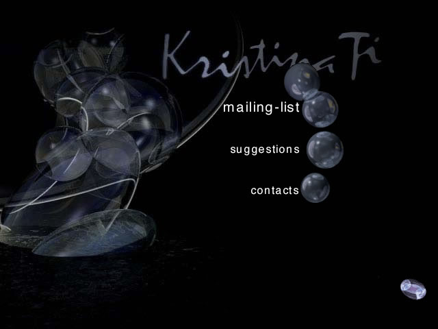 Kristina Ti's website - Contact options - Abstract design featuring translucent shapes with the text "Kristina Ti" and navigation options: mailing list, suggestions, contacts.