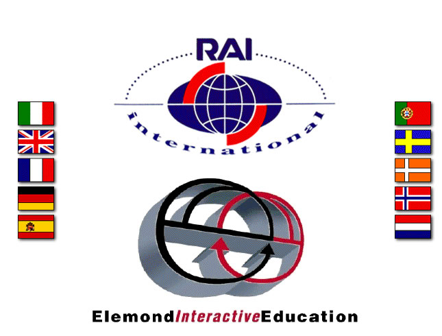 Logo of RAI International with globe and arrows, flanked by flags of various countries, labeled "Elemond Interactive Education."