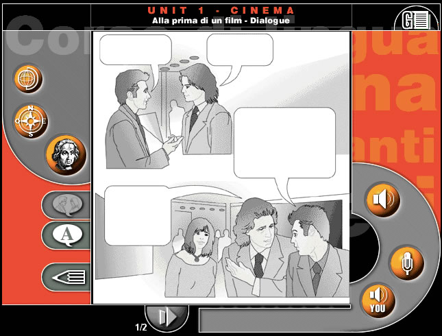 Three individuals in formal attire engage in conversation, with speech bubbles indicating dialogue in a cinema setting.