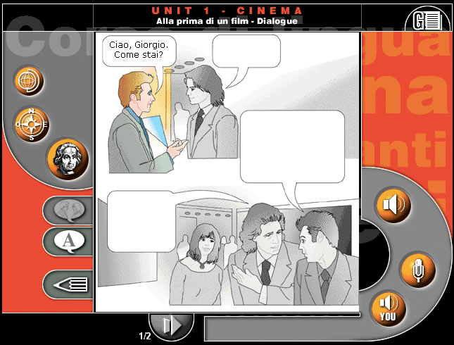 Two men in suits converse at a film premiere, with dialogue bubbles indicating a friendly catch-up.