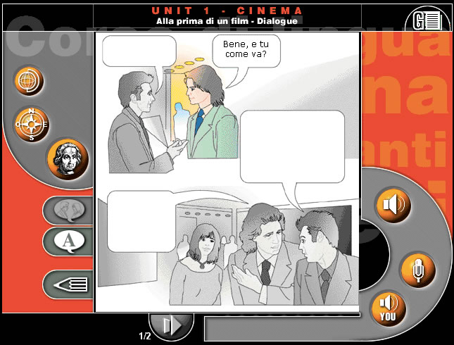 Two men in suits converse at a film premiere, with dialogue bubbles indicating a friendly catch-up.