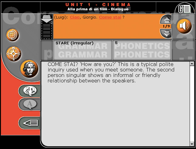 Screenshot of language learning software featuring a dialogue between two characters, Luigi and Giorgio, discussing greeting phrases.