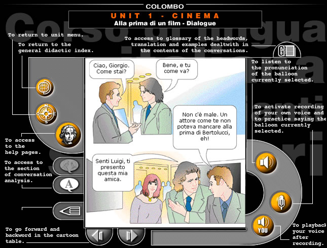 Digital interface for a language lesson featuring dialogue about cinema, with navigation buttons and a cartoon panel showing a conversation.