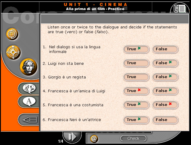 An interactive quiz interface for a language exercise about a film dialogue, featuring true/false statements about characters.