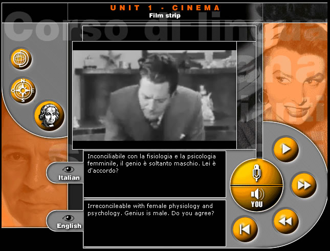 A monochrome film strip display with a dialogue about gender and genius, featuring interactive buttons for navigation.