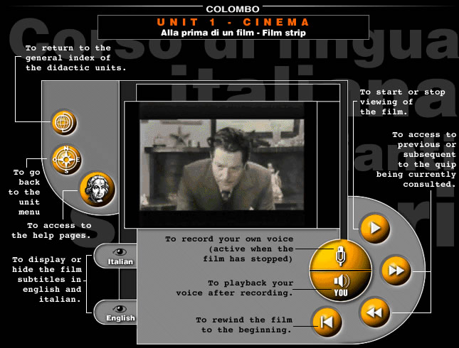 A digital interface for a film unit, featuring controls for playback, language options, and navigation through educational content.