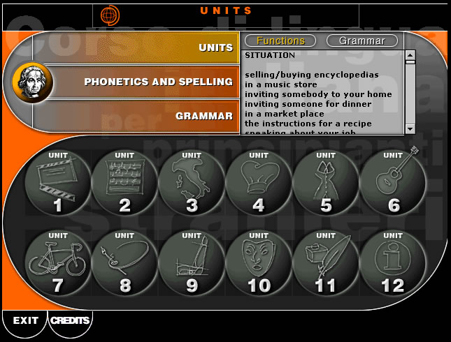 An interface displaying educational units on phonetics, spelling, and grammar with icons for various topics like music, cooking, and invitations.