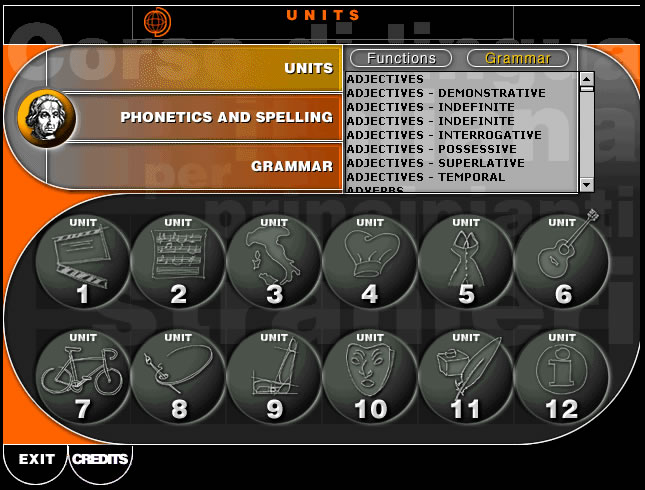 An interface displaying educational units on phonetics, spelling, and grammar with icons for various topics like music, cooking, and invitations.