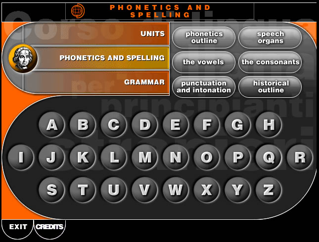 A digital interface displaying a phonetics and spelling curriculum with navigation buttons and an alphabet grid.