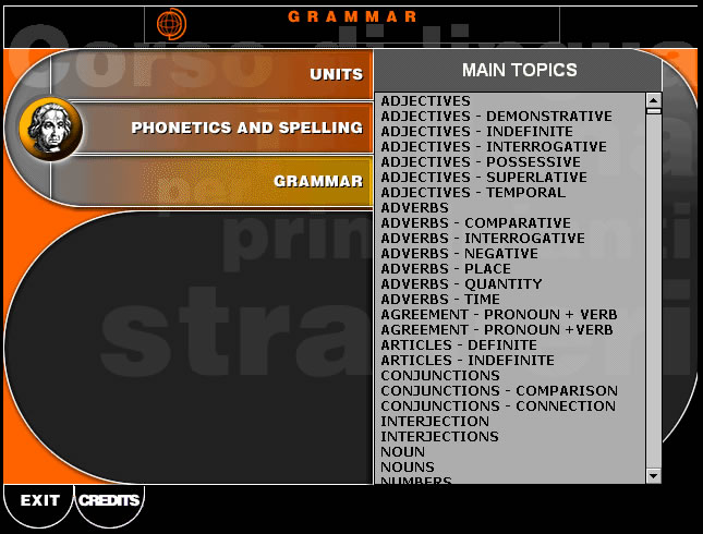 A user interface for a grammar course, featuring topics like phonetics, adjectives, adverbs, and conjunctions.