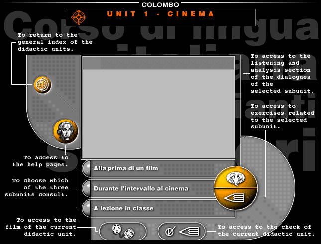 An interactive interface for a language course focused on cinema, featuring navigation buttons for lessons, exercises, and help.
