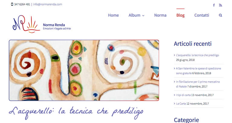 Website screenshot of Norma Renda's art blog featuring colorful swirls and playful watercolor designs, highlighting artistic themes.