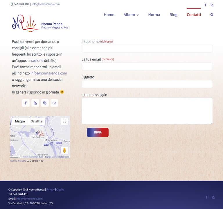 Contact form for Norma Renda, featuring fields for name, email, subject, and message, with links to social media.