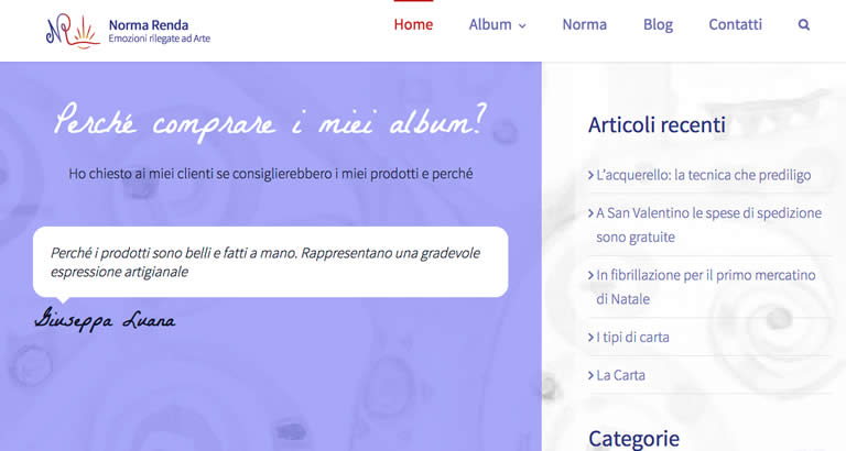 Website section for artist Norma Renda, highlighting handmade albums and customer testimonials on their quality and craftsmanship.