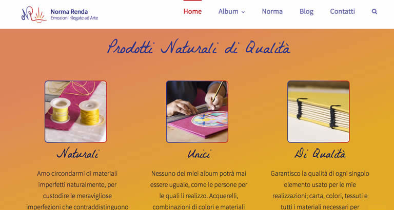 Website screenshot showcasing "Norma Renda," featuring products made from natural, unique, and high-quality materials for art and album creation.