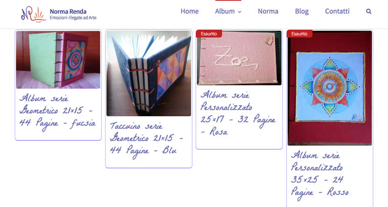 Four handcrafted photo albums displayed on a website: Geometric designs in fuchsia, blue, pink, and red, with varying page counts.