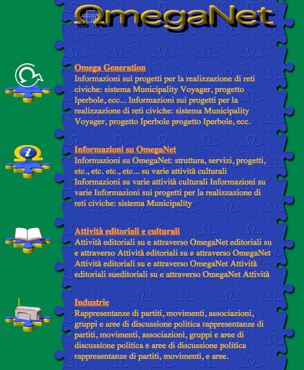 Colorful puzzle-like image showcasing sections about OmegaNet, including projects, editorial activities, and cultural information.