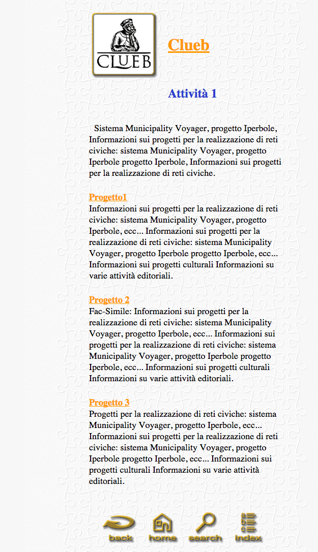 Screenshot of a webpage titled "Clueb" detailing projects for civic network realization, featuring "Municipality Voyager" and "Iperbole."