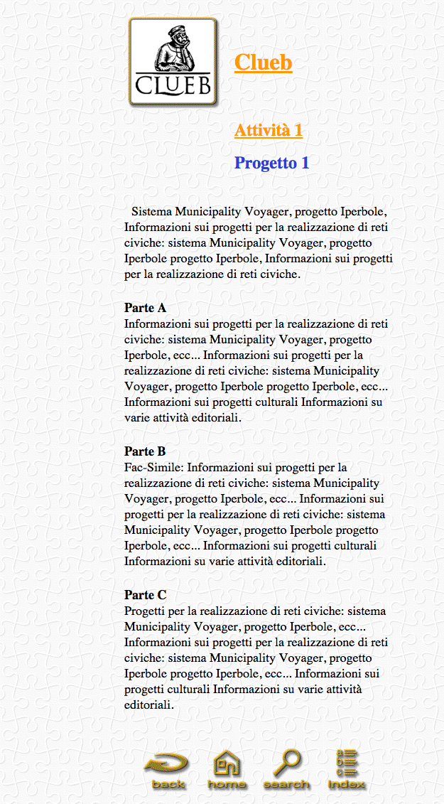 Screenshot of a document titled "Clueb," outlining projects for civic network implementation with sections A, B, and C.