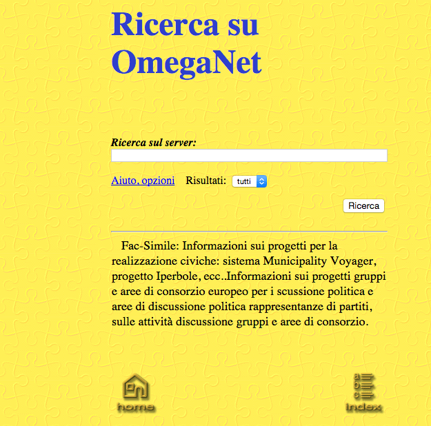 Website interface for "OmegaNet" featuring a yellow background, search bar, and links for help, options, and results.