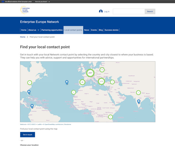 Wireframe for desktop with map displaying local contact points across Europe for the Enterprise Europe Network, aiding businesses in seeking international partnerships.