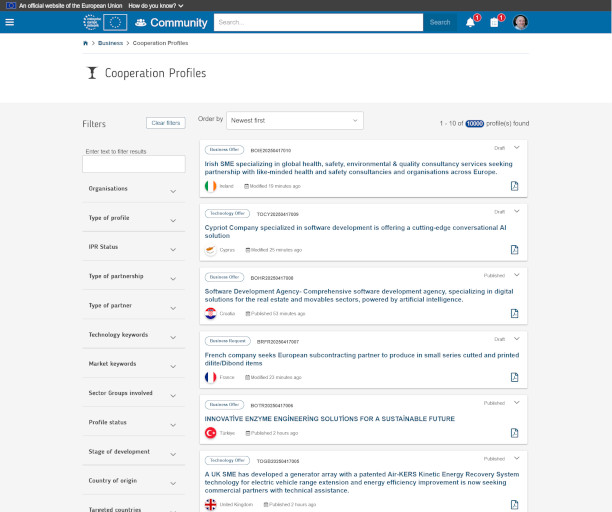 Community cooperation profiles, filtered by organization type, partnership type, and other criteria, showing results for various businesses and projects.