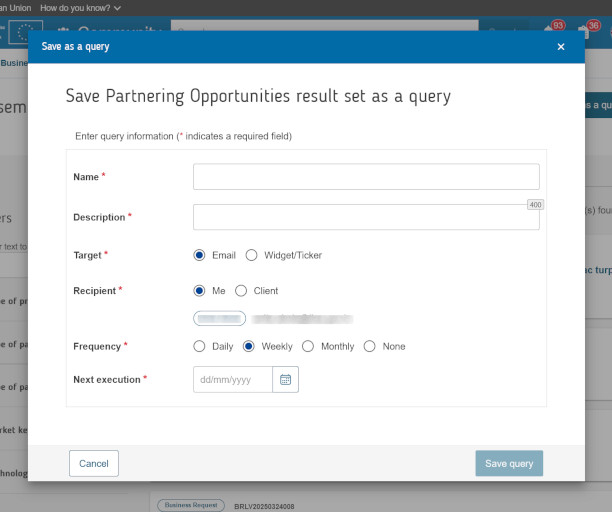 Form for saving partnering opportunities as a query, with fields for name, description, target, recipient, frequency, and next execution date.
